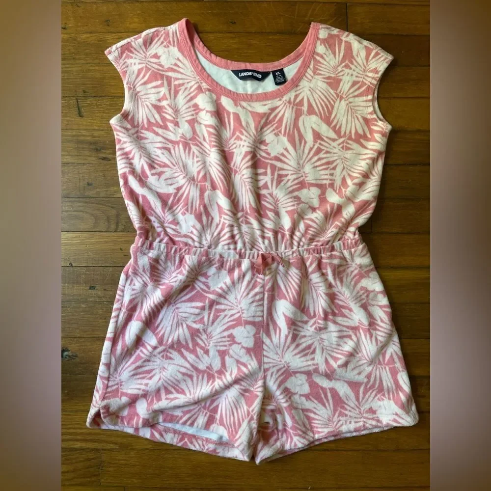 LANDS END Girls XL 14-16 pink and white terry cloth romper